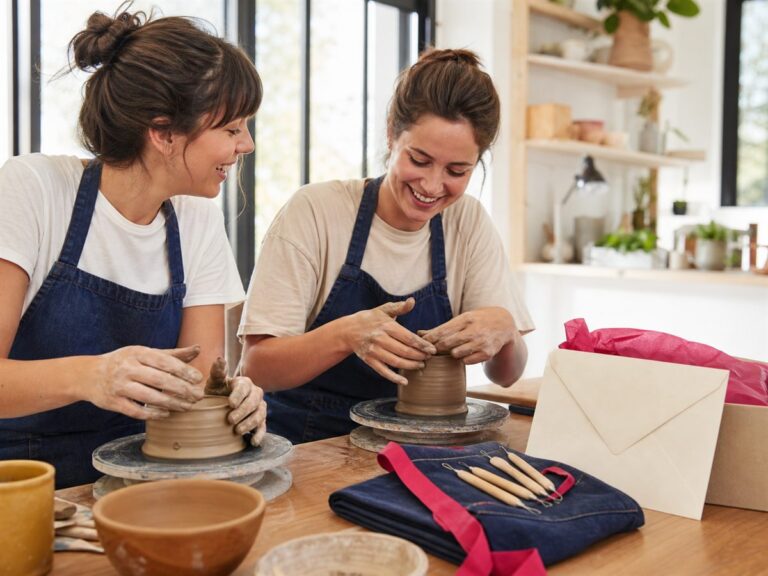 Siostry wspólnie tworzą ceramikę obok prezentu z fartuchem i narzędziami