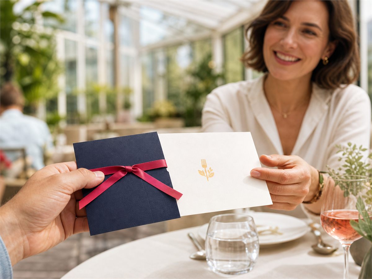 Elegancki voucher na kolację wręczany w lnianej oprawie z wstążką
