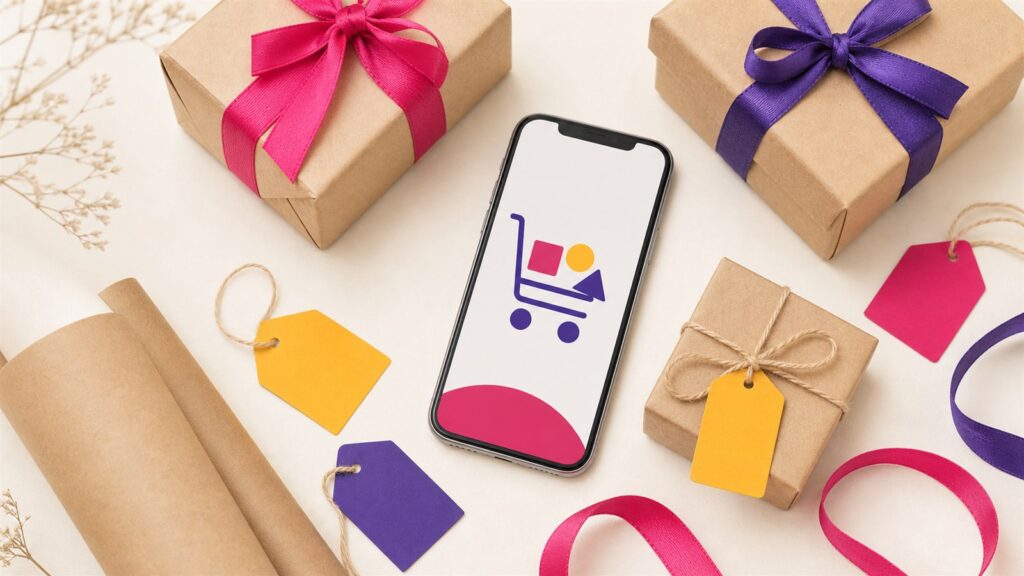 Kartonowe paczki, smartfon z ikoną koszyka i kolorowe metki bez napisów